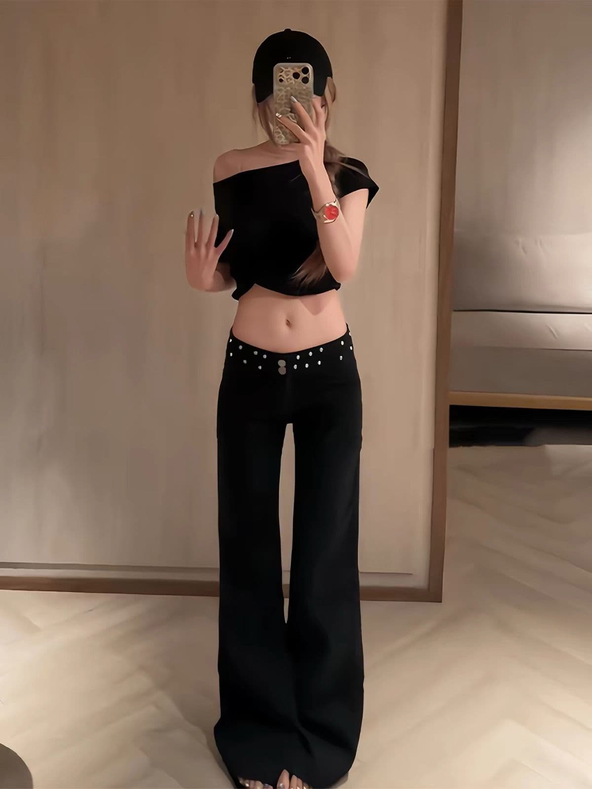 아메리칸 레트로 핫걸 디자인 센스 검정색 징 마 오래된 워싱 청바지 아이들 가을 넓은 다리 루즈핏 바닥 청소 바지 상세 이미지 4