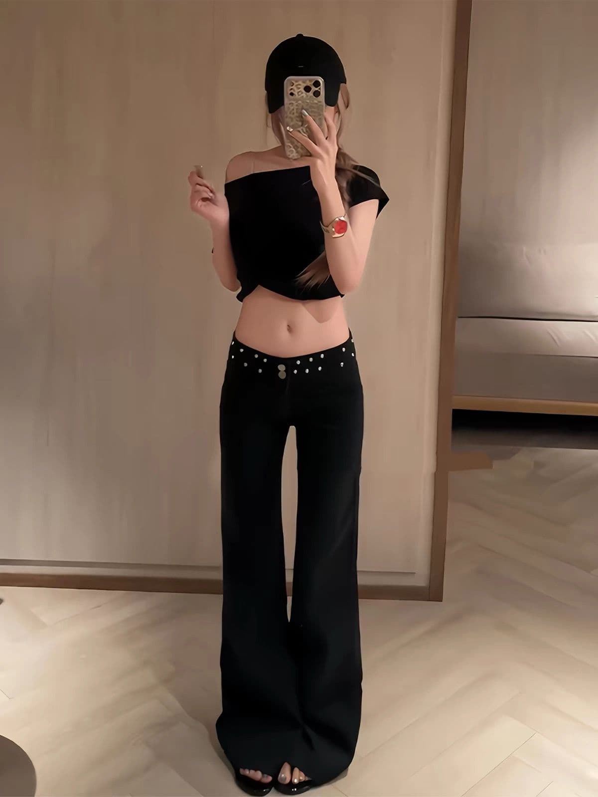 아메리칸 레트로 핫걸 디자인 센스 검정색 징 마 오래된 워싱 청바지 아이들 가을 넓은 다리 루즈핏 바닥 청소 바지 상세 이미지 5