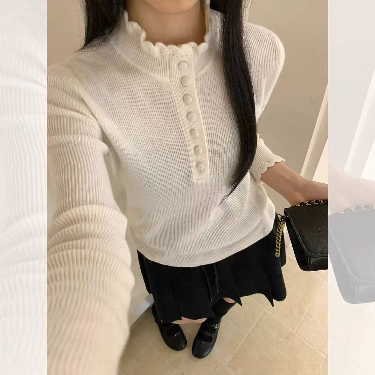 새로운 한 부서 레이스 반하이넥 니트 기본 셔츠 여성 가을 겨울 디자인 센스 작은 대중 스웨터 인사이드 가져 가라. 긴팔 맨위 상세 이미지 3