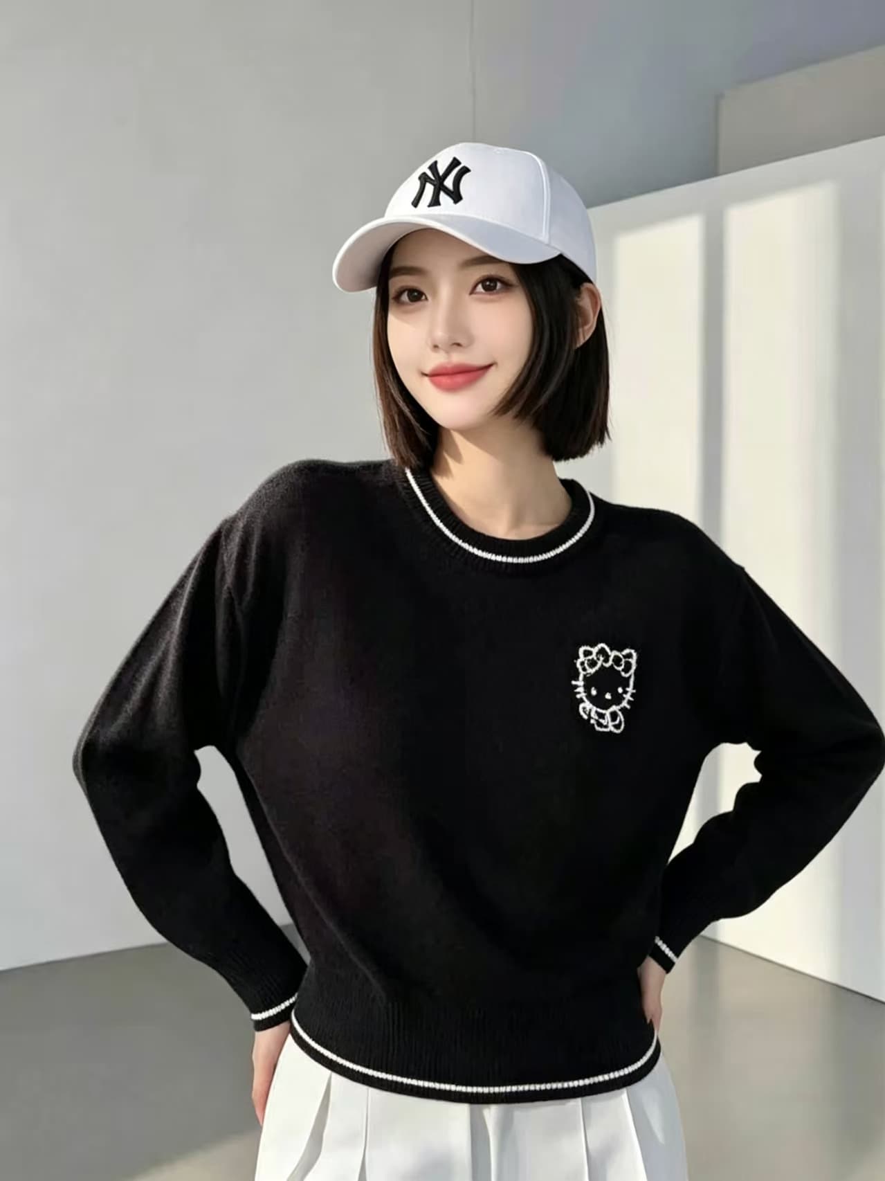한 부서 kt 고양이 디자인 센스 니트 스웨터 여자 2026 새로운 가을 겨울 라운드 넥 루즈핏 외국 가스 맨위 상세 이미지 2