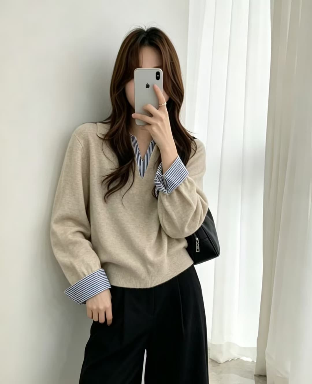 이른 가을 2026 새로운 루즈핏 POLO 칼라 만나는 스웨터 여자 인사이드 가져 가라. 고급 센스 페이크 레이어드 긴팔 니트 맨위 이미지 4