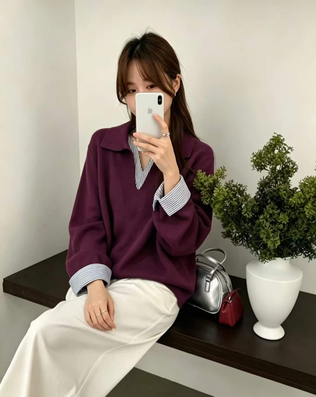 이른 가을 2026 새로운 루즈핏 POLO 칼라 만나는 스웨터 여자 인사이드 가져 가라. 고급 센스 페이크 레이어드 긴팔 니트 맨위 상세 이미지 3