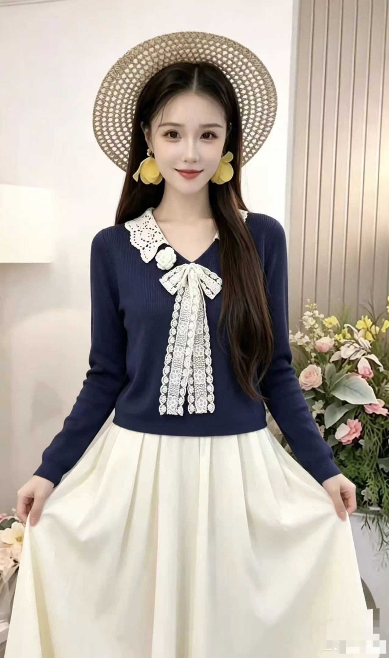 우아함 레이스 스트랩 다용도 V넥 맨위 여성 가을 겨울 새로운 프릴 인사이드 가져 가라. 연령 감소 몸매 가꾸기 니트 스웨터 이미지 3