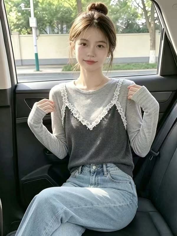 고유 한 슈퍼 잘 생긴 레이스 조각 긴팔 티셔츠 여성 이른 가을 몸매 가꾸기 인사이드 잡아라. 의류 커피 색상 페이크 레이어드 기본 셔츠