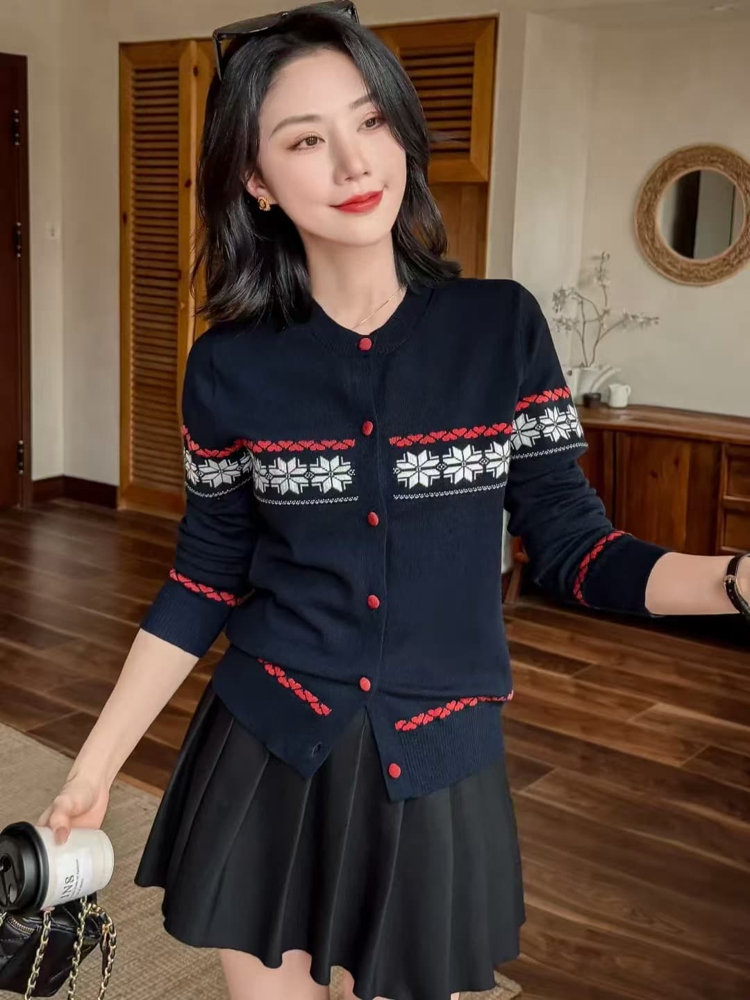 니트 오픈 가디건 여성 코트 고급 센스 카디건 가을 겨울 쇼트 스타일 패치워크 아니요 올린 사람 : 공 레트로 눈꽃 라운드 넥 스웨터 이미지 4