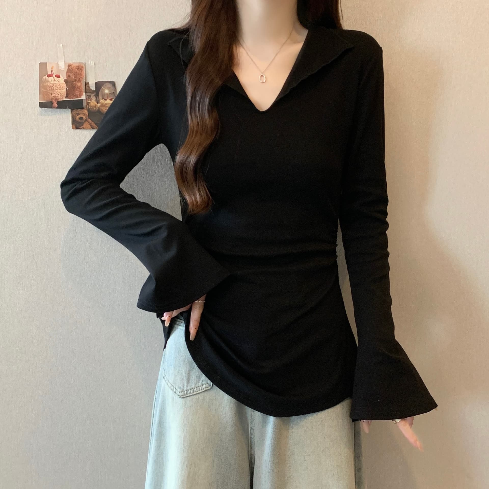 실사 지방 mm 빅 사이즈 V넥 긍정적 인 어깨 허리 수축 긴팔 티셔츠 슬림해 보이는 작은 셔츠 이미지 2