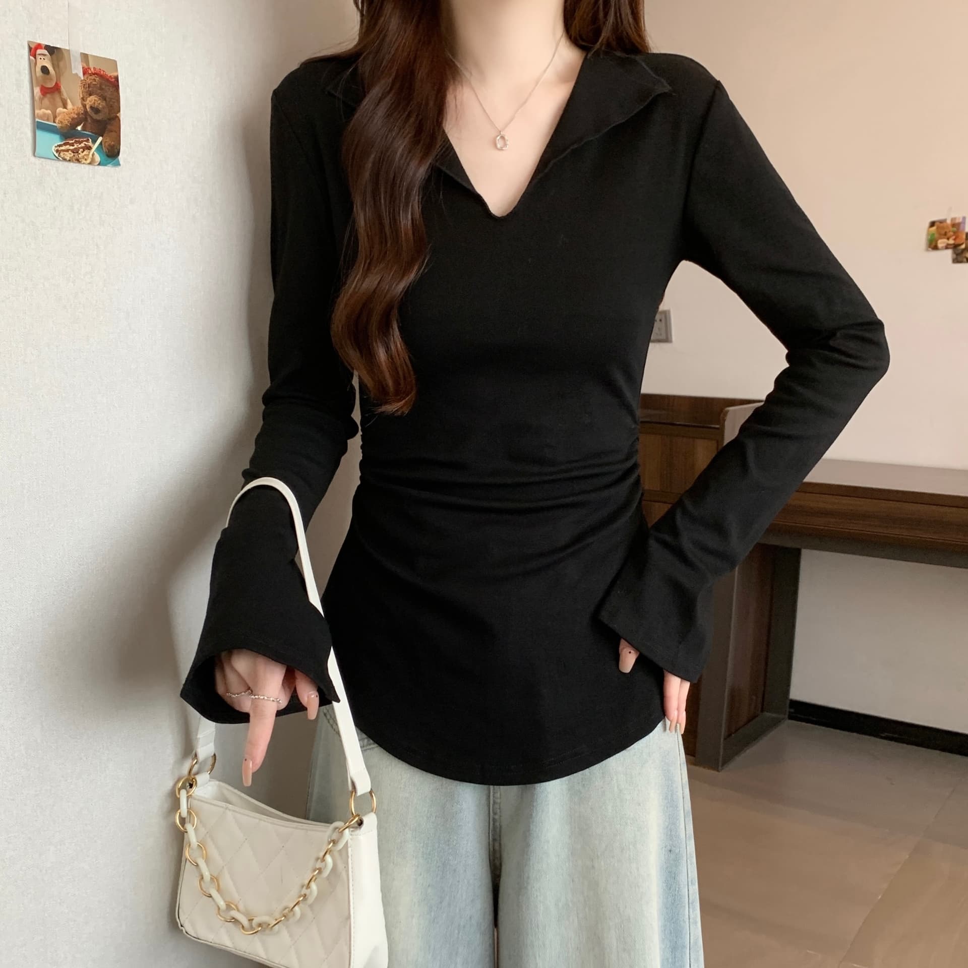 실사 지방 mm 빅 사이즈 V넥 긍정적 인 어깨 허리 수축 긴팔 티셔츠 슬림해 보이는 작은 셔츠 이미지 5