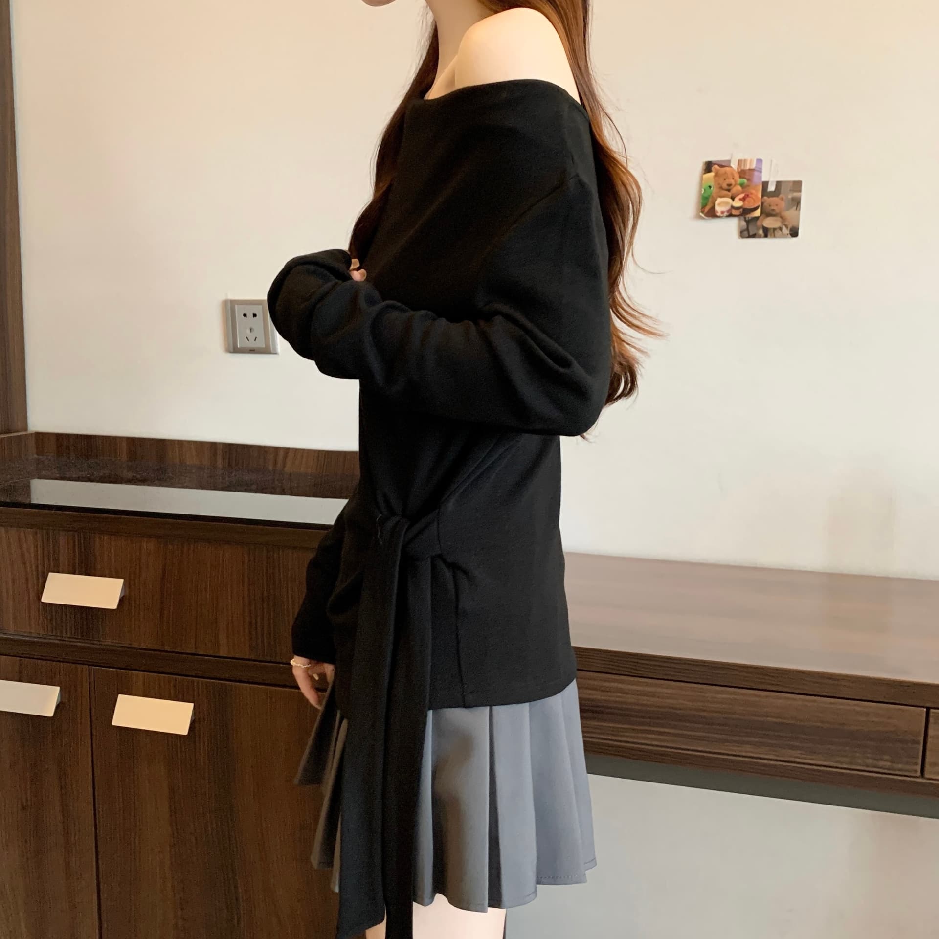 실사 지방 mm 빅 사이즈 흔들다 칼라 비스듬한 어깨 오프숄더 레이스업 티셔츠 슬림해 보이는 기본 셔츠 긴팔 티셔츠 상세 이미지 8