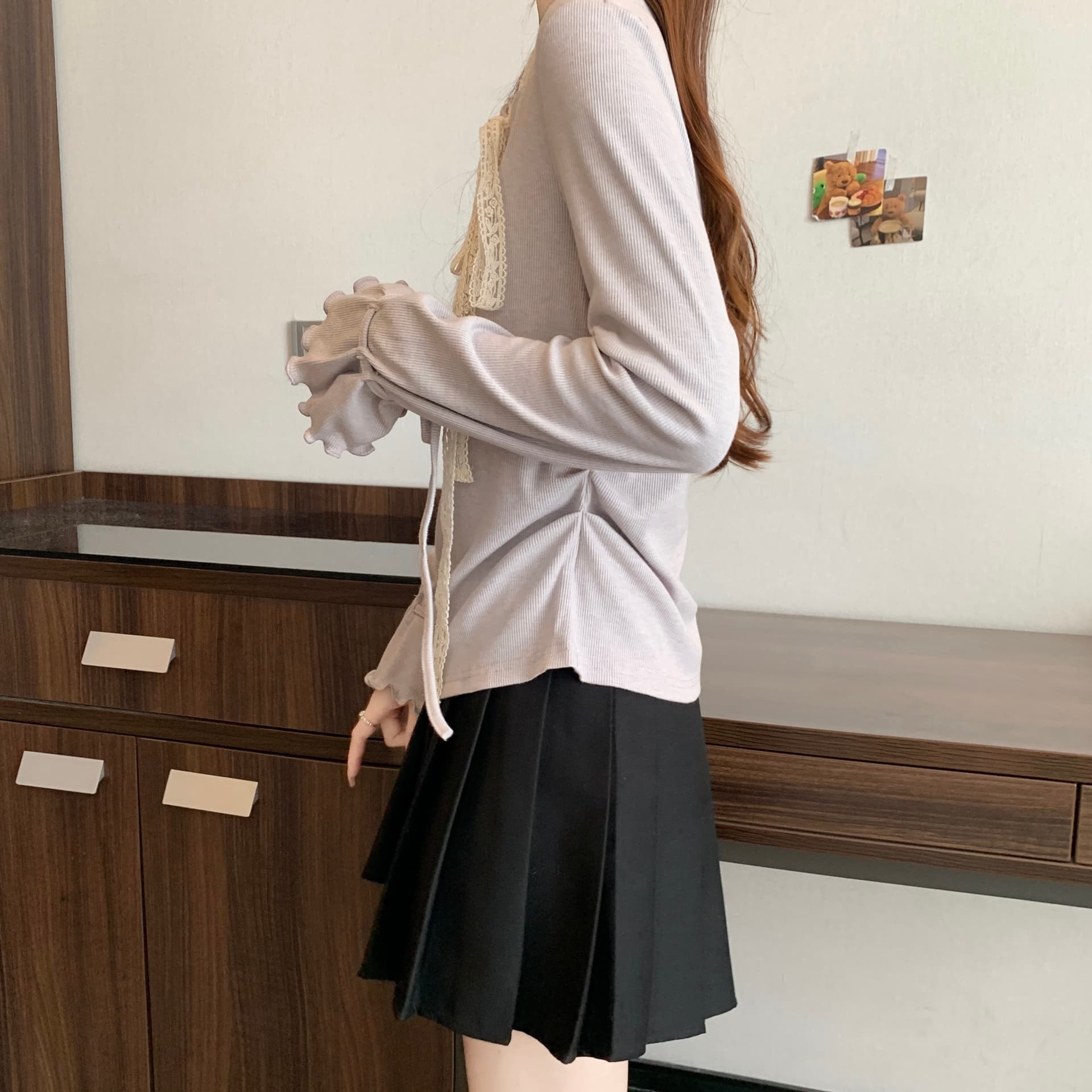 실사 지방 mm 빅 사이즈 프랑스식 보라색 비스듬한 칼라 긴팔 티셔츠 나비 넥타이 동정 허리 수축 짧은 맨위 상세 이미지 8
