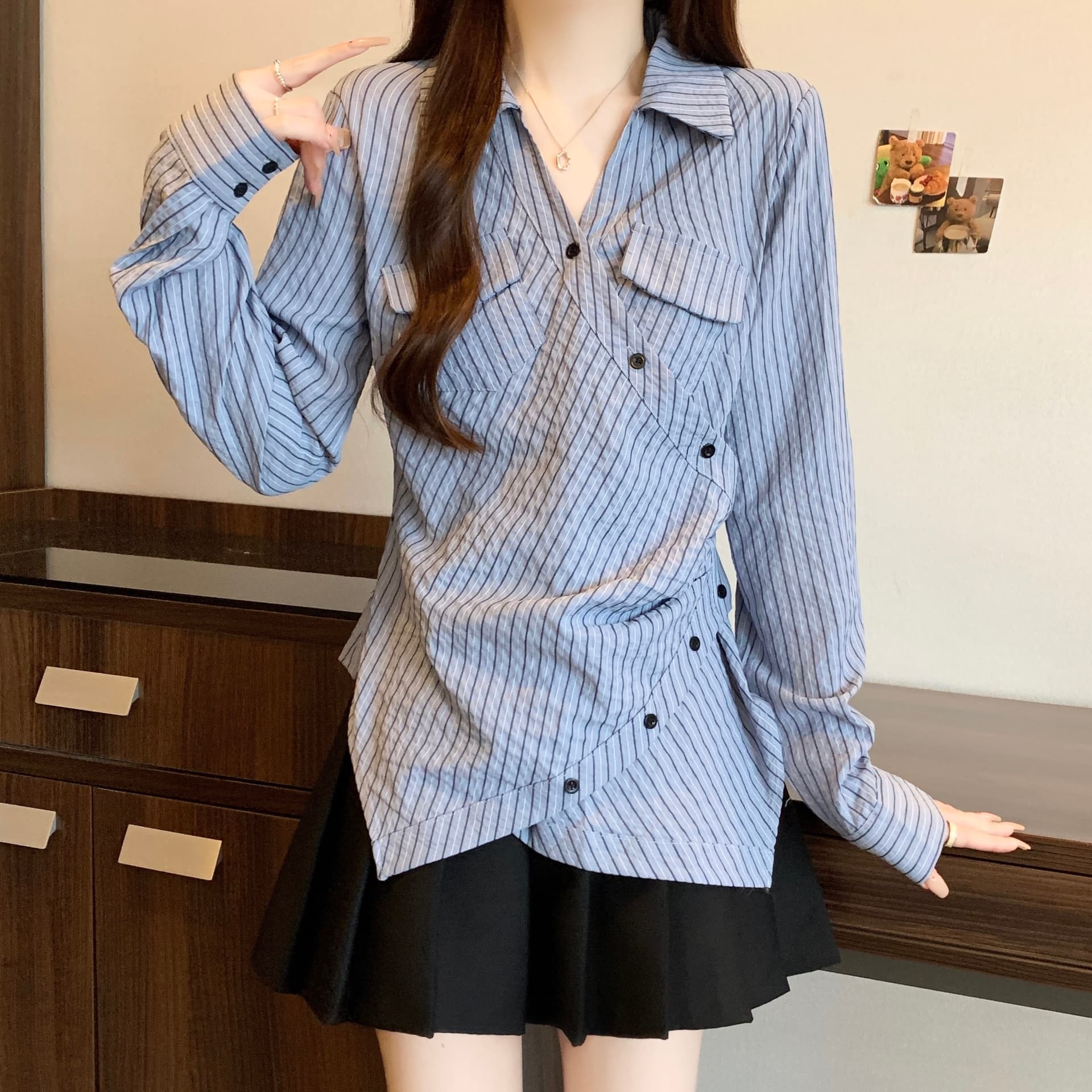 실사 정가 지방 mm 빅 사이즈 디자인 센스 Chic 파란색 여성 셔츠 고급 센스 몸매 가꾸기 슬림해 보이는 스트라이프 셔츠 이미지 5