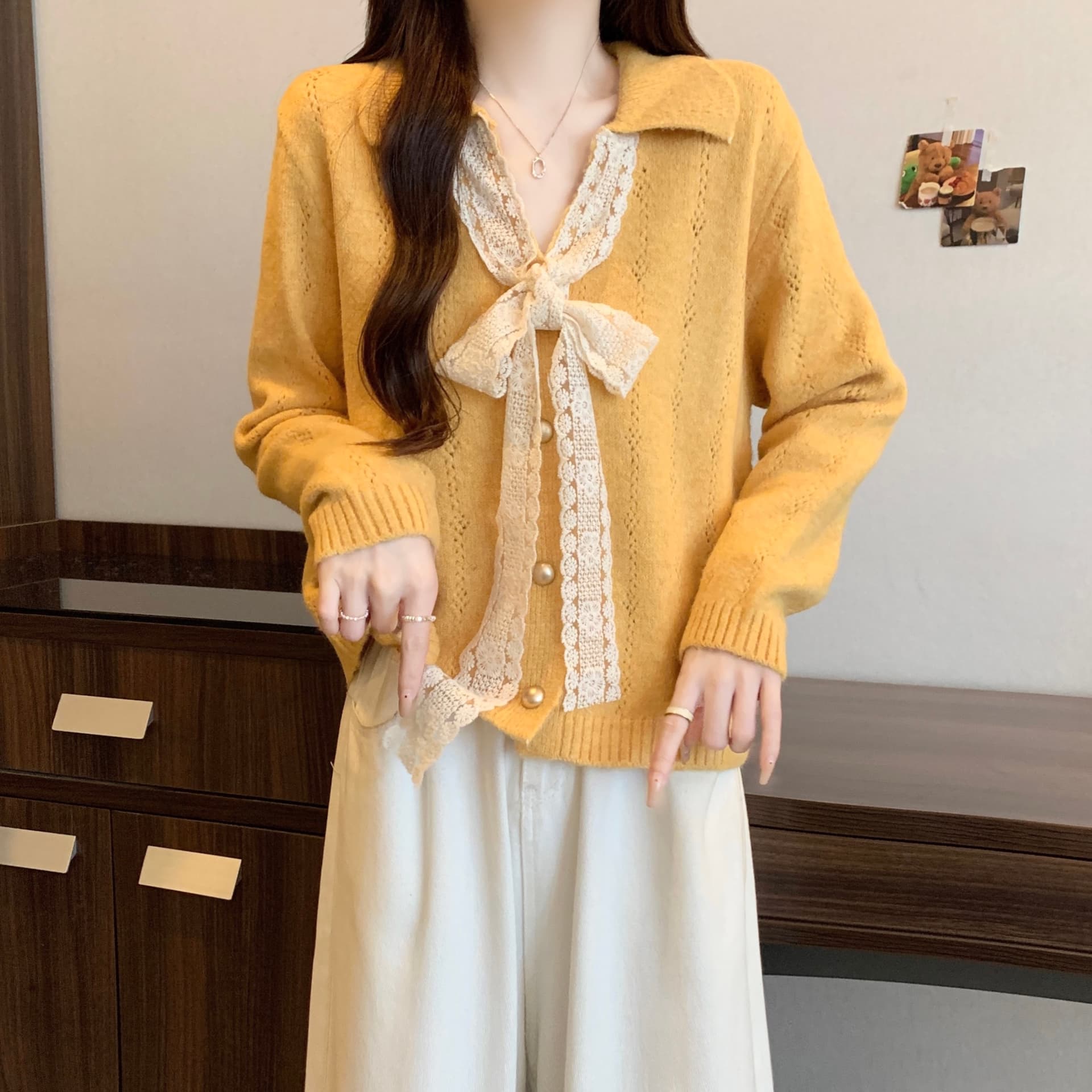 실사 지방 mm 빅 사이즈 레이스업 나비 매듭 V넥 스웨터 오픈 가디건 외국 가스 연령 감소 니트 스웨터 여성 상세 이미지 20