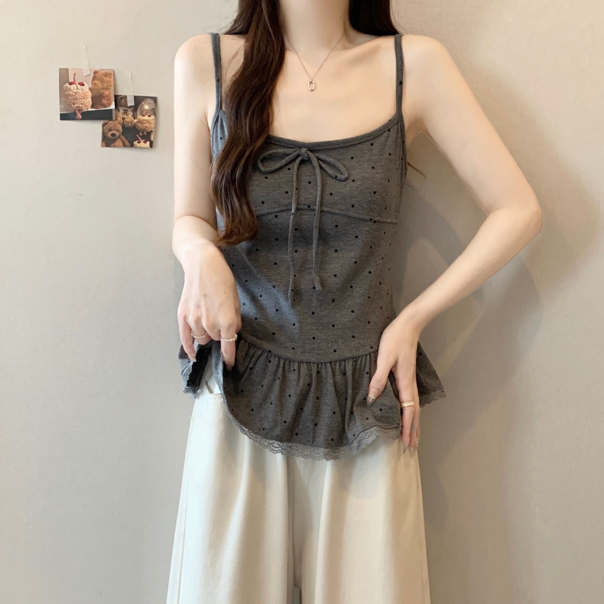 실사 지방 mm 빅 사이즈 레이스 레이스 행침 목 슬립 품격 프릴 긴팔 오픈 가디건 투피스 세트 상세 이미지 8