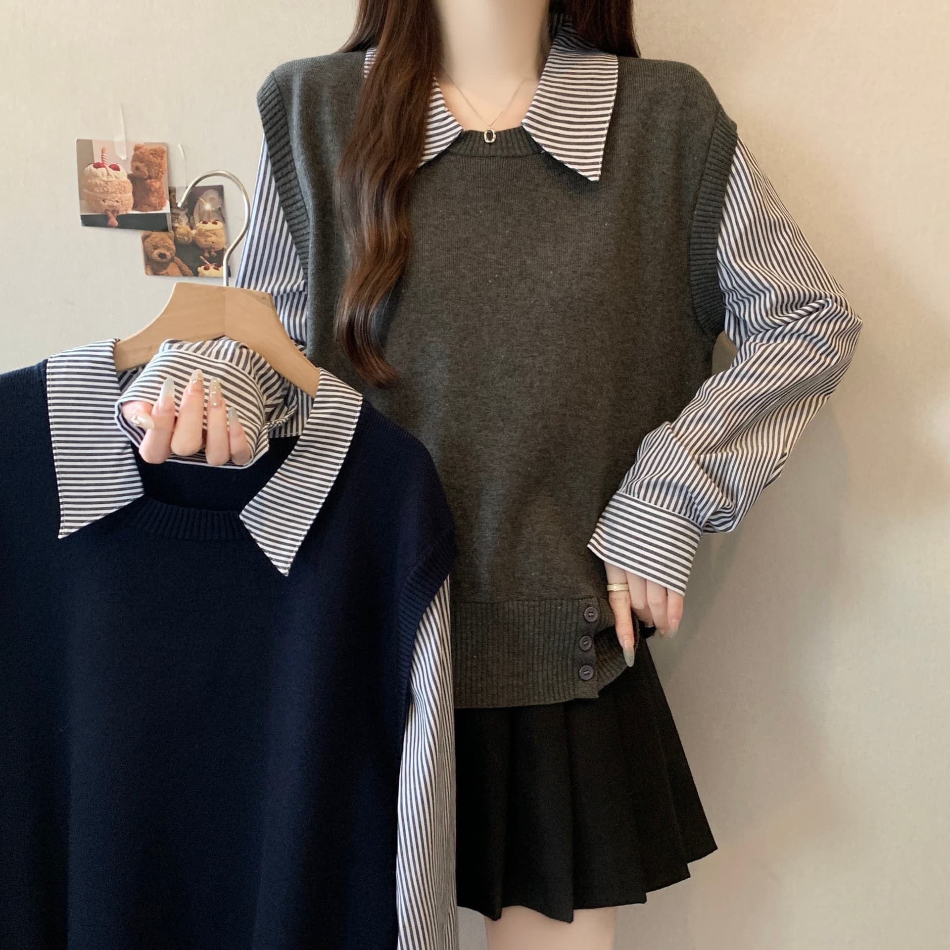 실사 지방 mm 빅 사이즈 한 부서 니트 스웨터 페이크 레이어드 긴팔 풀오버 셔츠 소매 패치워크 디자인 슬림해 보이는 맨위 이미지 2