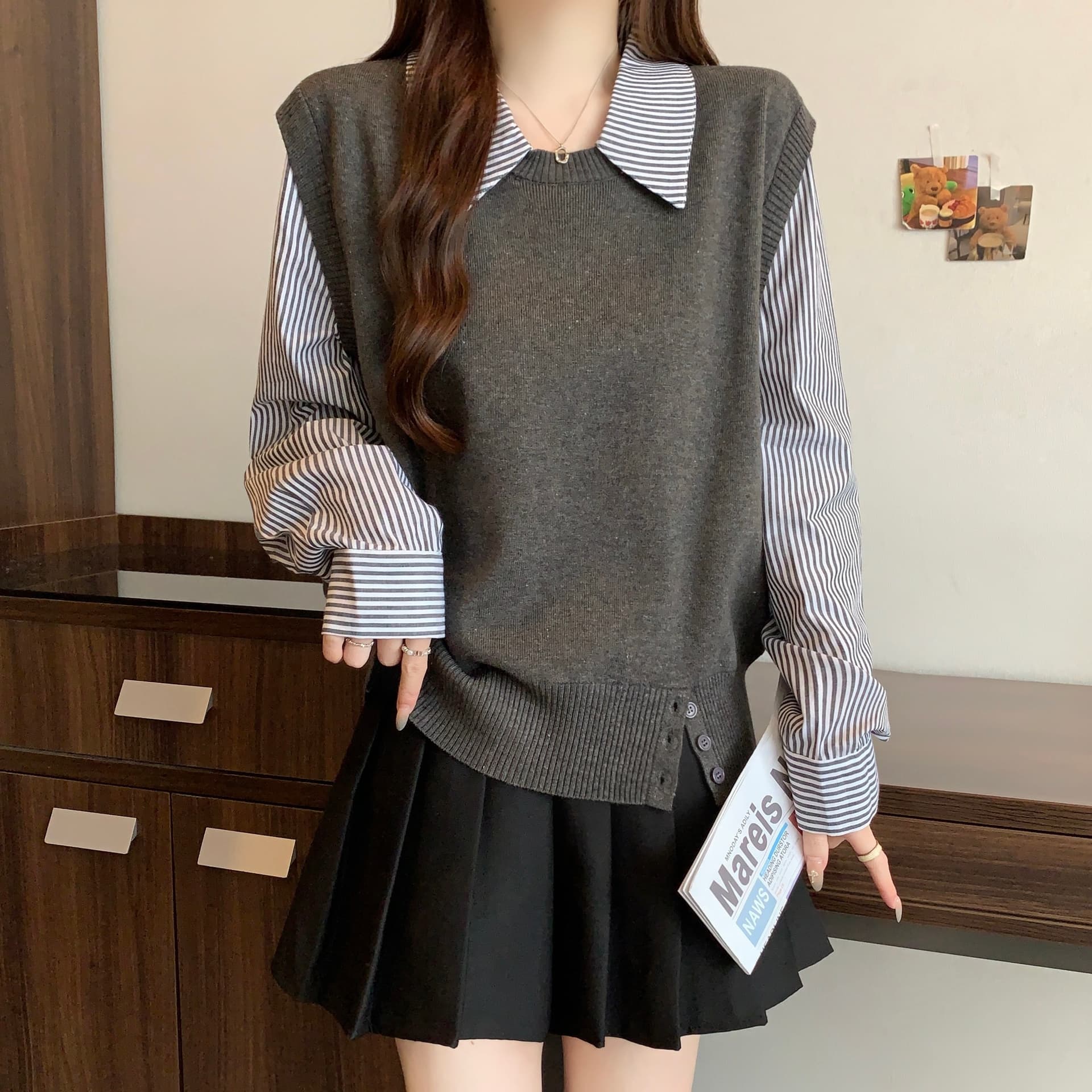실사 지방 mm 빅 사이즈 한 부서 니트 스웨터 페이크 레이어드 긴팔 풀오버 셔츠 소매 패치워크 디자인 슬림해 보이는 맨위 상세 이미지 7