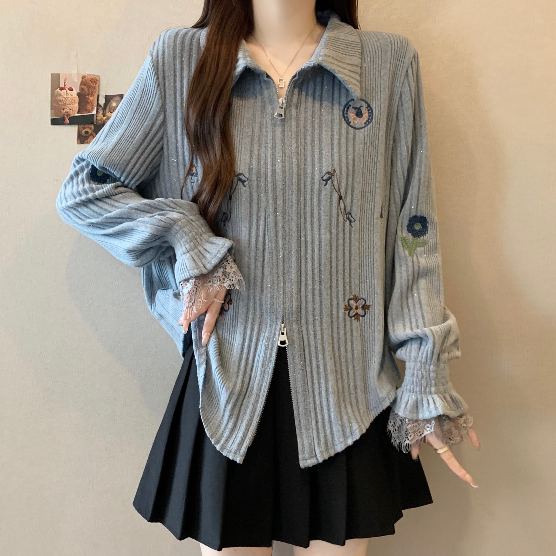 실사 지방 mm 빅 사이즈 품격 패치워크 레이스 더블 지퍼 자수 디자인 센스 긴팔 오픈 가디건 슬림해 보이는 셔츠 상세 이미지 2