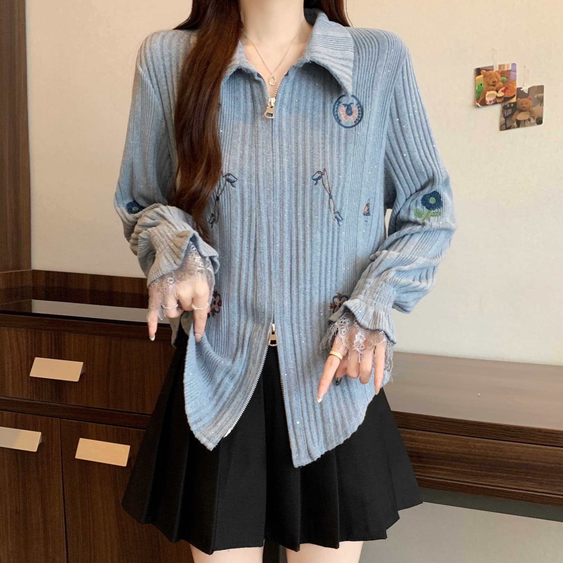 실사 지방 mm 빅 사이즈 품격 패치워크 레이스 더블 지퍼 자수 디자인 센스 긴팔 오픈 가디건 슬림해 보이는 셔츠 상세 이미지 7