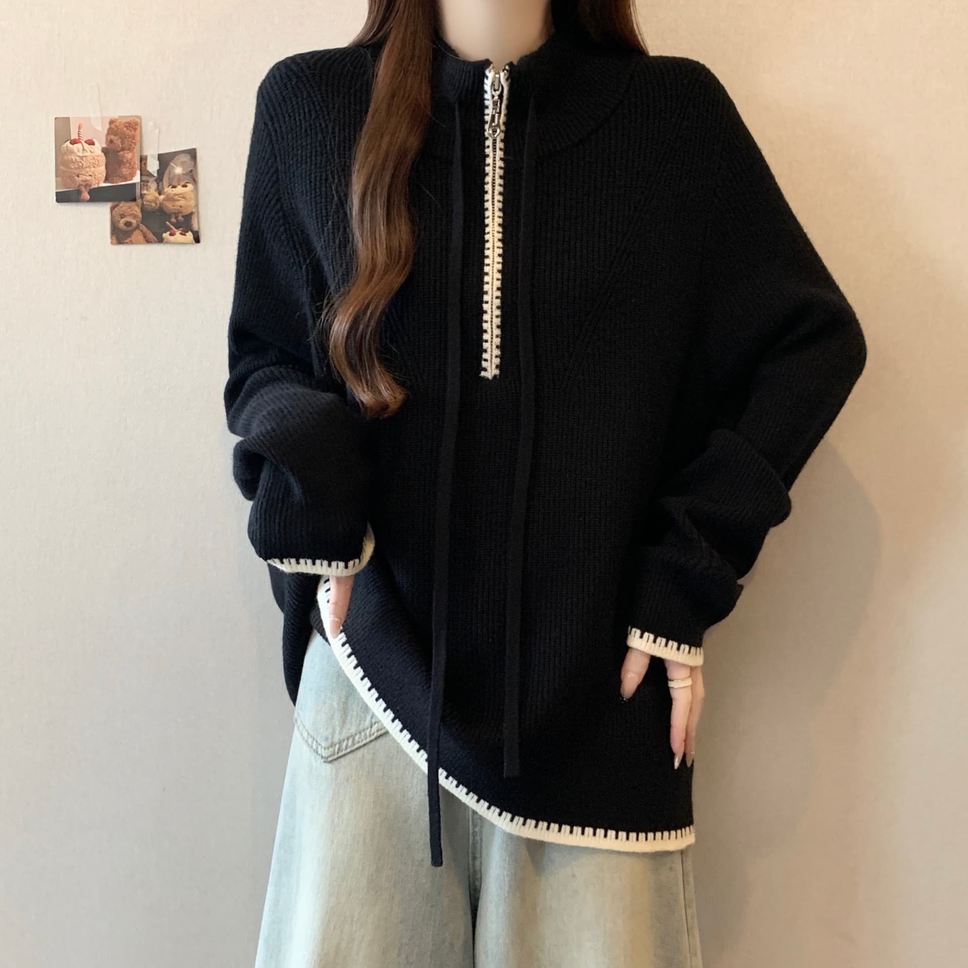 실사 지방 mm 부드럽다 프로 피부 배색 치아 측면 겨울 새로운 루즈핏 슬림해 보이는 긍정적 인 어깨 스웨터 상세 이미지 14