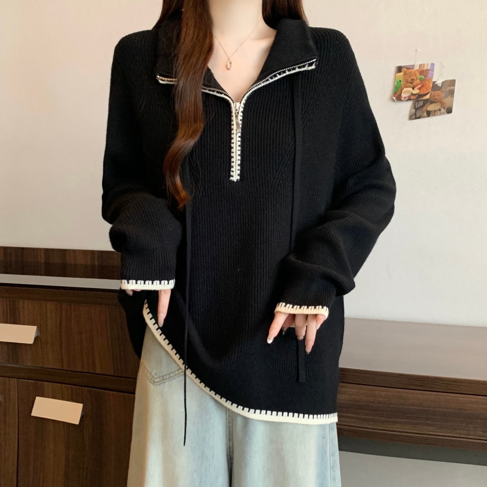 실사 지방 mm 부드럽다 프로 피부 배색 치아 측면 겨울 새로운 루즈핏 슬림해 보이는 긍정적 인 어깨 스웨터 상세 이미지 16