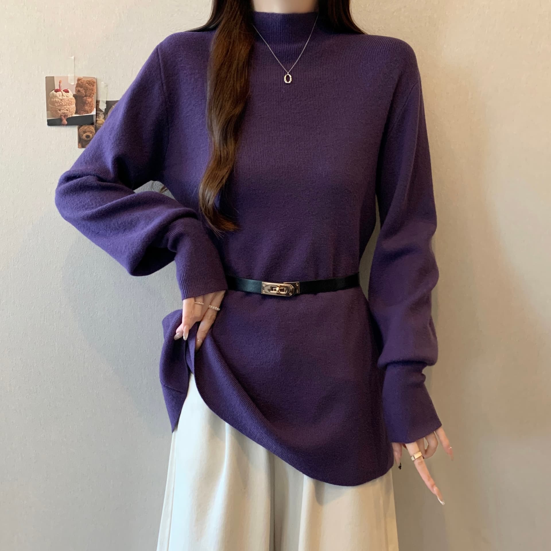 정가 빅 사이즈 가을 겨울 허리 수축 두꺼운 스웨터 새로운 반하이넥 벌룬 소매 슬림해 보이는 품격 니트 스웨터 맨위 이미지 4