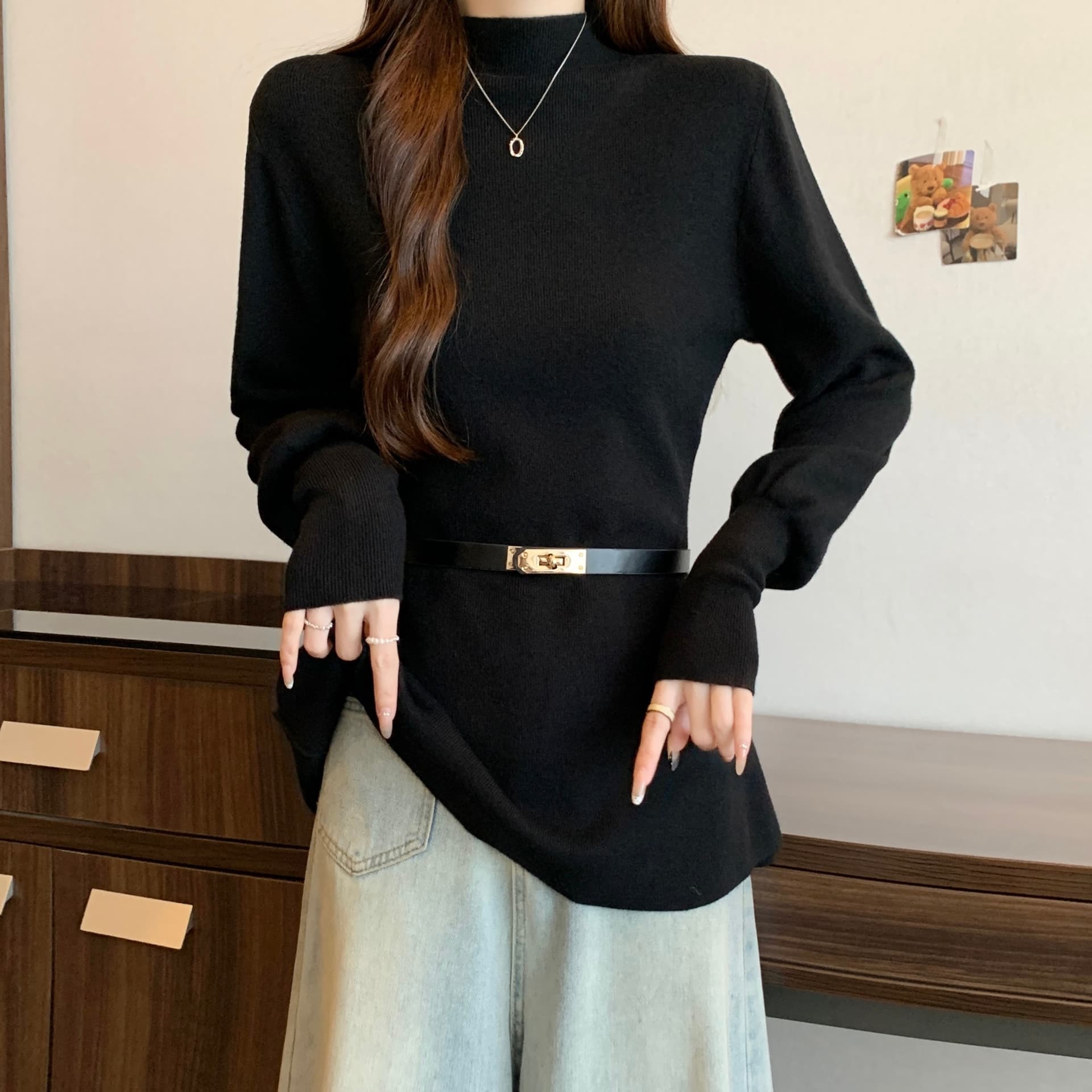 정가 빅 사이즈 가을 겨울 허리 수축 두꺼운 스웨터 새로운 반하이넥 벌룬 소매 슬림해 보이는 품격 니트 스웨터 맨위 상세 이미지 15