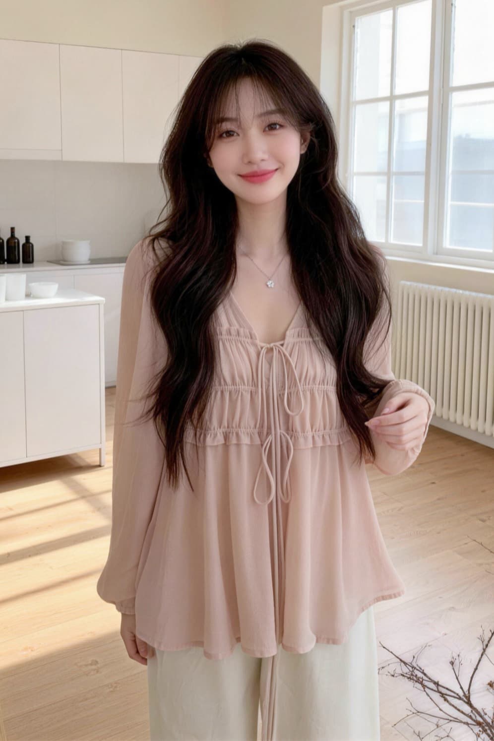 실사 지방 mm 빅 사이즈 이른 봄 한 부서 품격 주름 V넥 레이스업 작은 셔츠 이미지 6