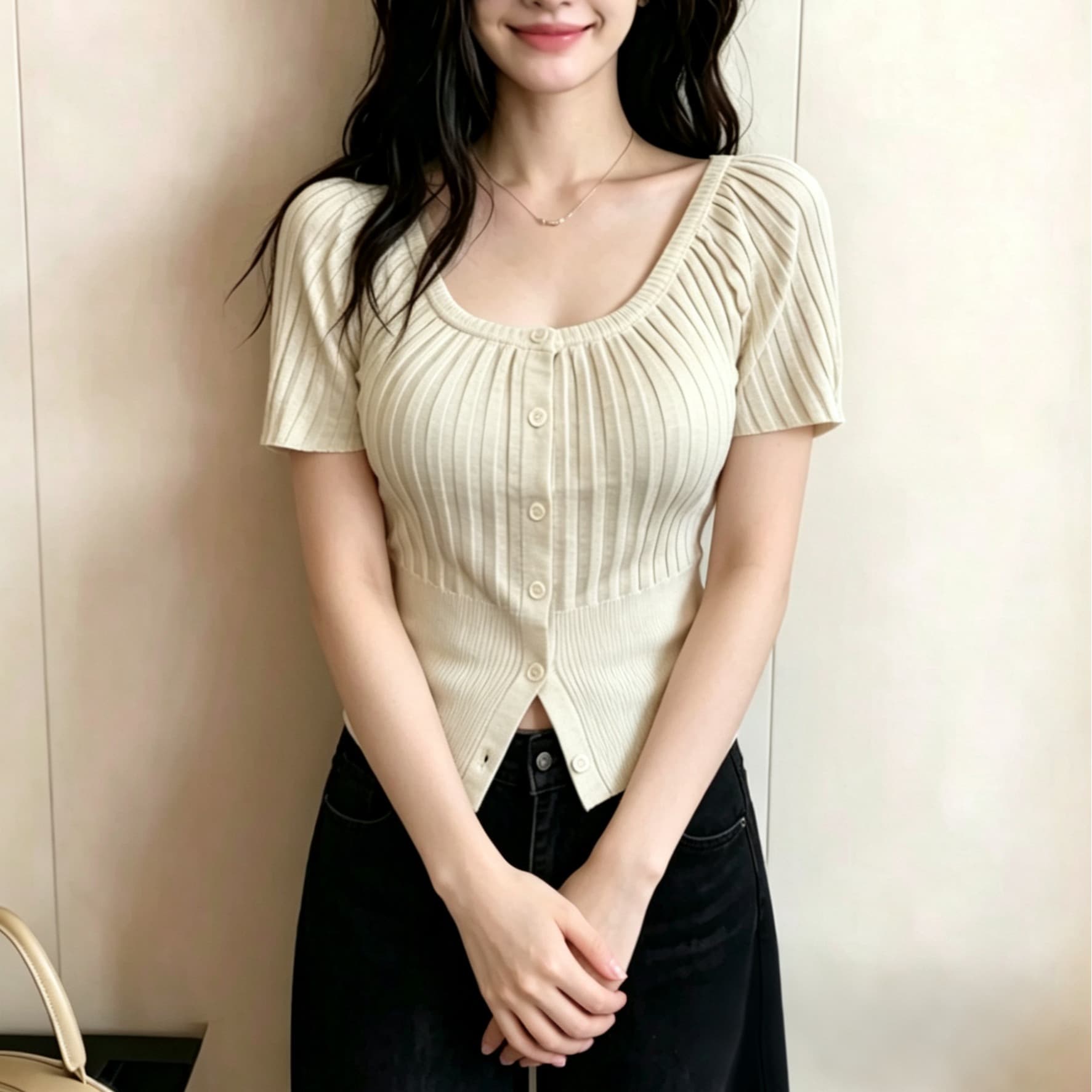 있음 선적 빅 사이즈 순수한 욕망 바람 단추 u 칼라 반팔 니트 티셔츠 디자인 센스 꼬집기 허리 슬림해 보이는 오프숄더 맨위 이미지 5
