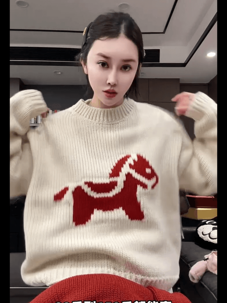 신년 빨간색 분위기 센스 말의 해 스웨터 여자 한국 스타일 가을 겨울 루즈핏 다용도 슬림해 보이는 보온 두꺼운 니트 스웨터 풀오버 상세 이미지 4