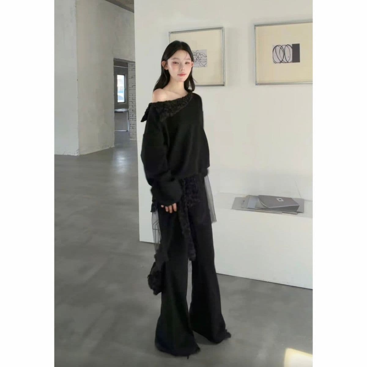 2026 슈퍼 화재 착용 가져 가라. 에이즈 환자 세트 여성 봄 오프숄더 화이트 후드티 재킷 랩스커트팬츠 패치워크 하이웨이스트 와이드 레그 팬츠 상세 이미지 4