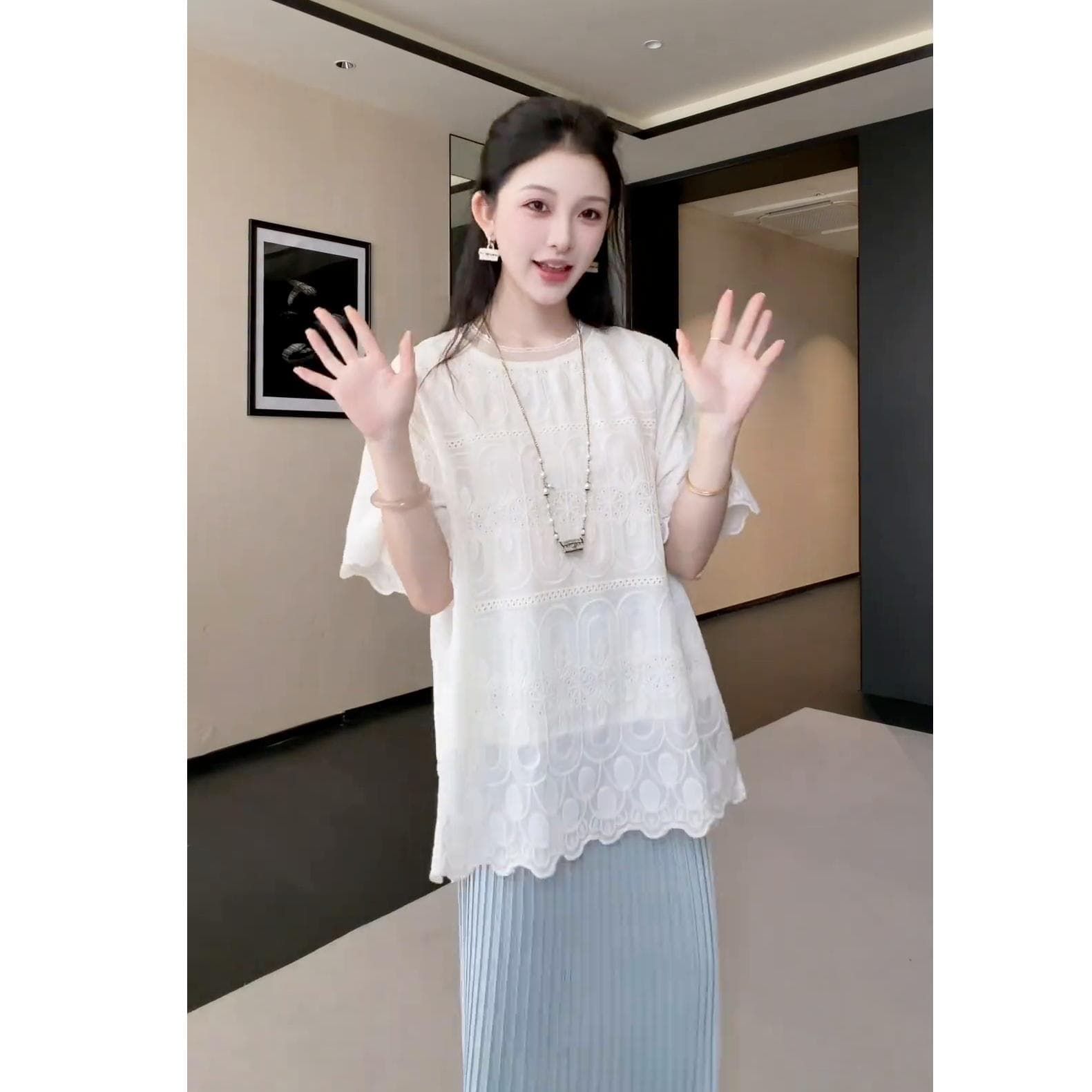 한 부서 분위기 센스 착용 가져 가라. 여름 2026 새로운 프랑스식 레이스 반팔 루즈핏 맨위 반신 스커트 투피스 세트 이미지 3