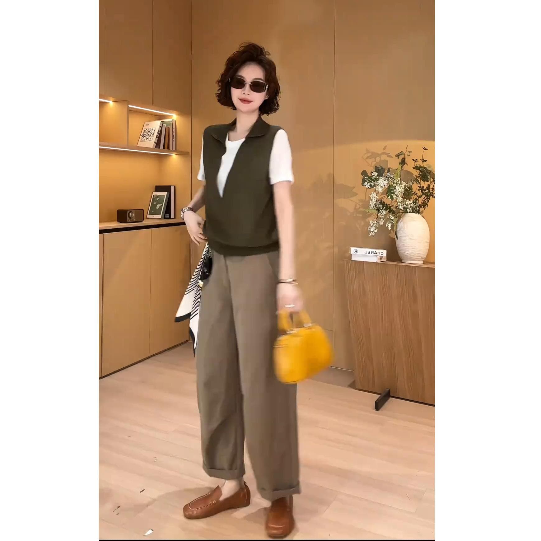 2026 여름 전체 집합 새로운 루즈핏 슬림해 보이는 페이크 레이어드 반팔 맨위 여성 다용도 패션 와이드 레그 팬츠 세트 이미지 3