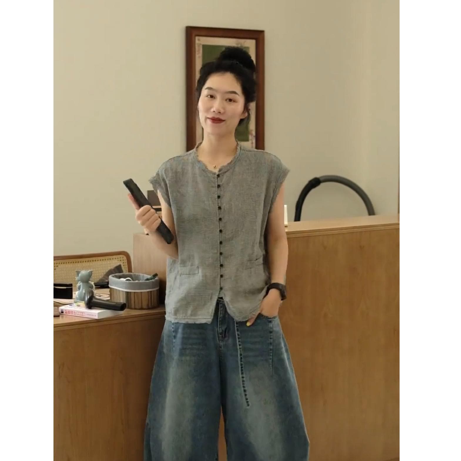 회색 라운드 넥 Feifei 소매 여성 셔츠 2026 여름 새로운 연령 감소 루즈핏 편안함 다용도 빅 사이즈 맨위 상세 이미지 3