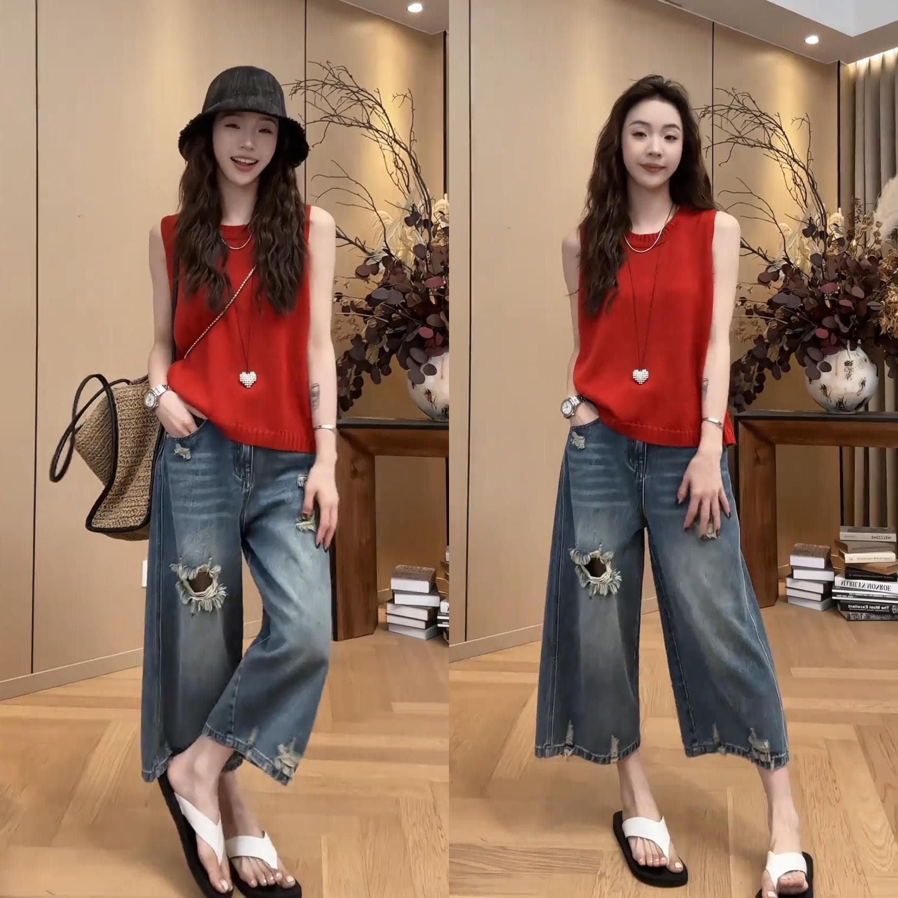 2026 여름 새로운 외국 가스 패션 여성 세트 민소매 맨위 레트로 찢어진 부분 데님 와이드 레그 팬츠 투피스 세트