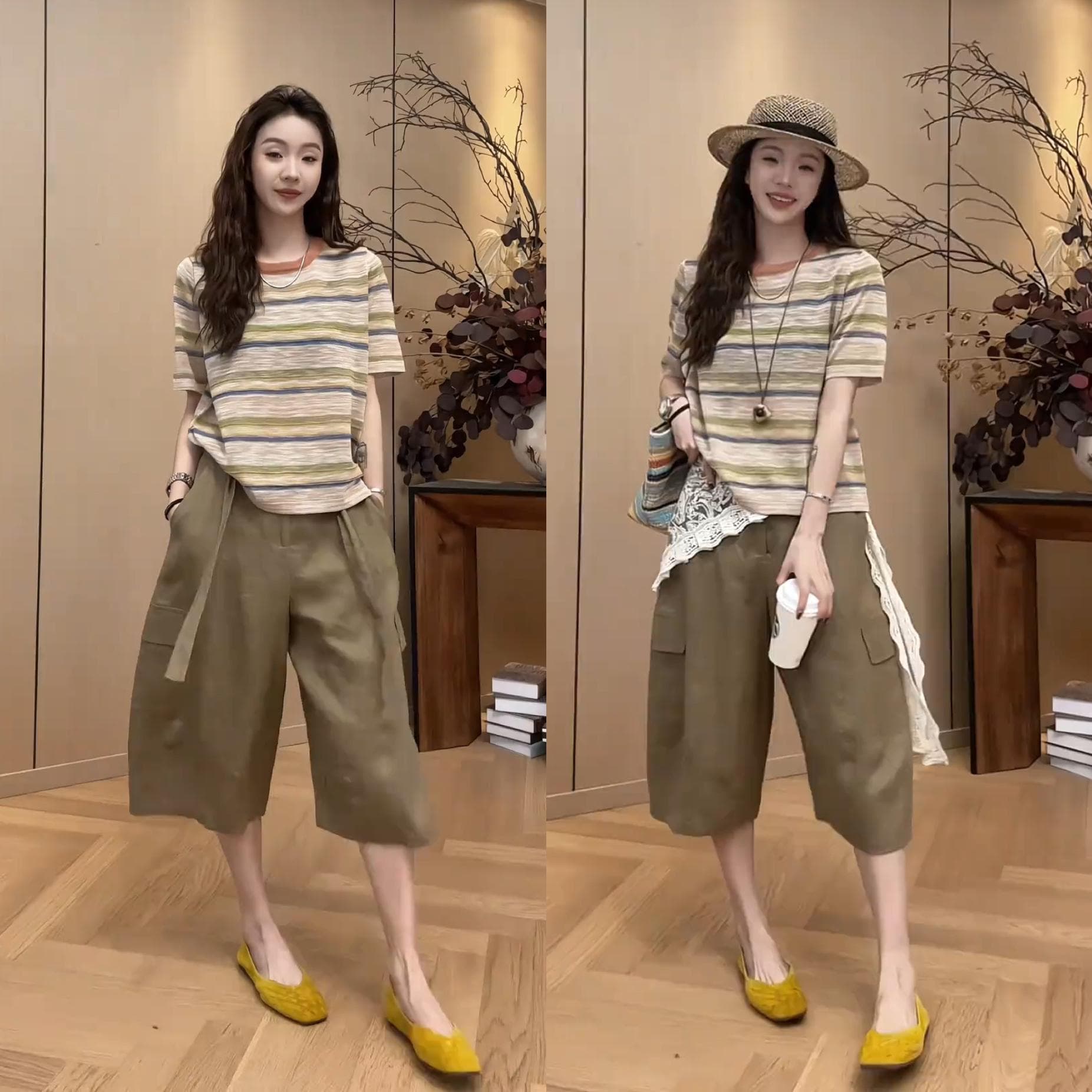 인기 착용 가져 가라. 전체 집합 2026 여름 새로운 미니멀리즘 다용도 루즈핏 스트라이프 반팔 캐주얼 바지 투피스 슈트 상세 이미지 1