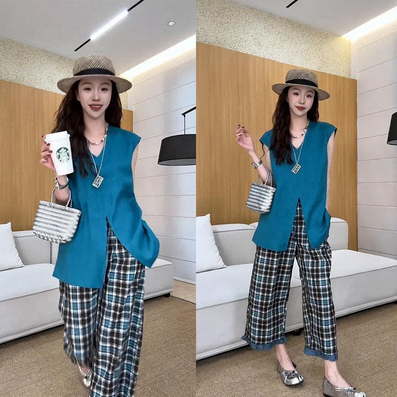 한 부서 착용 가져 가라. 전체 집합 2026 여름 새로운 V넥 슬림해 보이는 민소매 맨위 체크무늬 캐주얼 바지 투피스 세트 상세 이미지 1