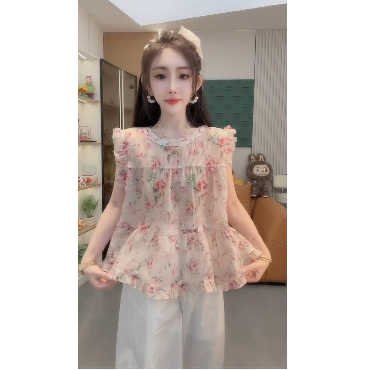 핑크색 꽃무늬 민소매 조끼 여성 여름 2026 얇은 스타일 한국 스타일 프릴 루즈핏 캐주얼 작은 키 아름다운 맨위
