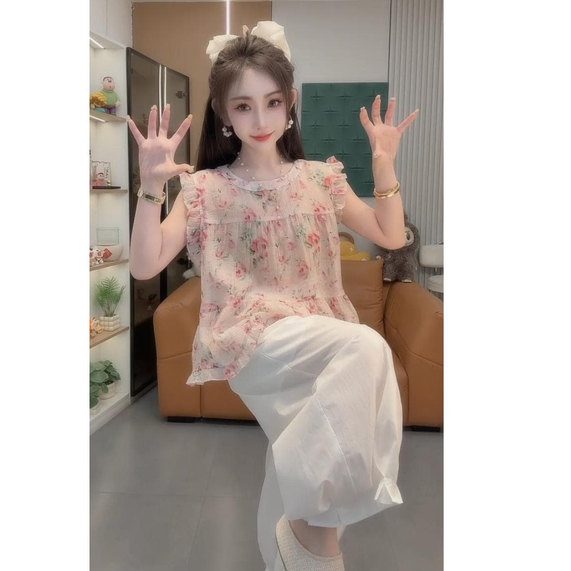 핑크색 꽃무늬 민소매 조끼 여성 여름 2026 얇은 스타일 한국 스타일 프릴 루즈핏 캐주얼 작은 키 아름다운 맨위 이미지 3