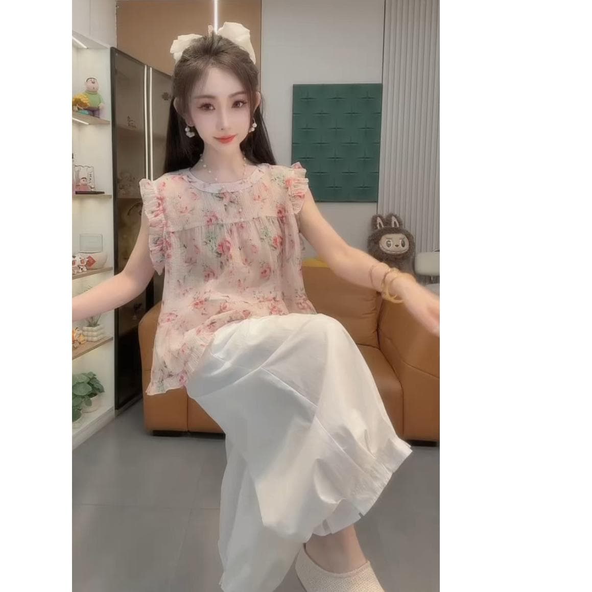 핑크색 꽃무늬 민소매 조끼 여성 여름 2026 얇은 스타일 한국 스타일 프릴 루즈핏 캐주얼 작은 키 아름다운 맨위 상세 이미지 1