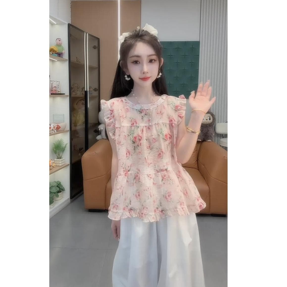 핑크색 꽃무늬 민소매 조끼 여성 여름 2026 얇은 스타일 한국 스타일 프릴 루즈핏 캐주얼 작은 키 아름다운 맨위 상세 이미지 4