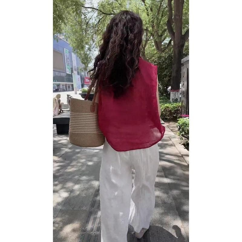 여름 빛 럭셔리 아름다운 자이언트 디스플레이 화이트 외국 가스 민소매 셔츠 뒤로 홀로우 아웃 얇은 스타일 통기성 다용도 셔츠 맨위 여성 이미지 5