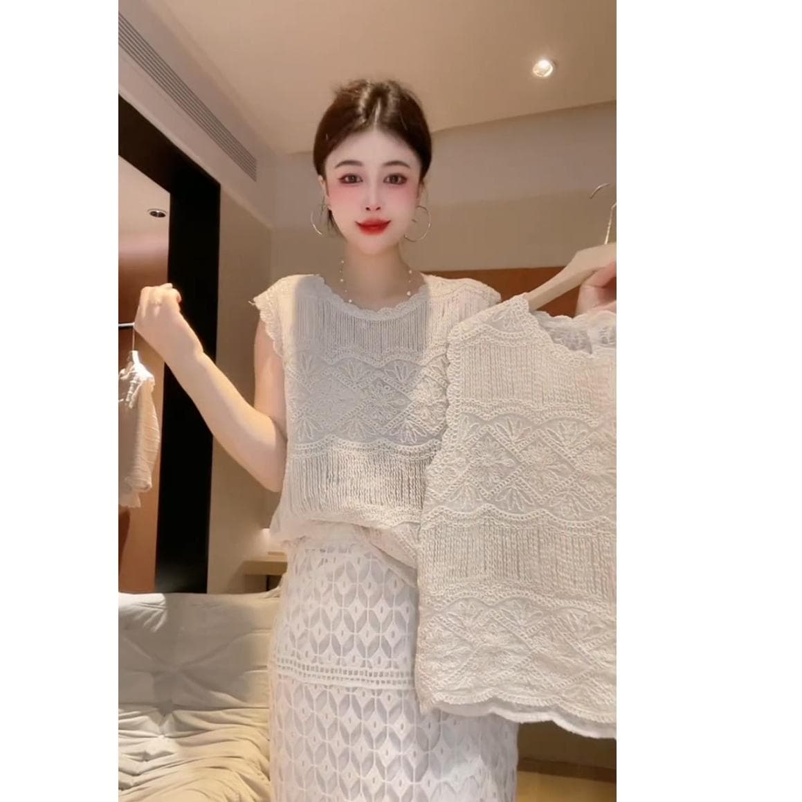 프랑스식 홀로우 아웃 레이스 자수 훅 자카드 여름 빅 사이즈 통통한 여동생 루즈핏 표지 고기 슬림해 보이는 민소매 베스트 조끼 상세 이미지 5