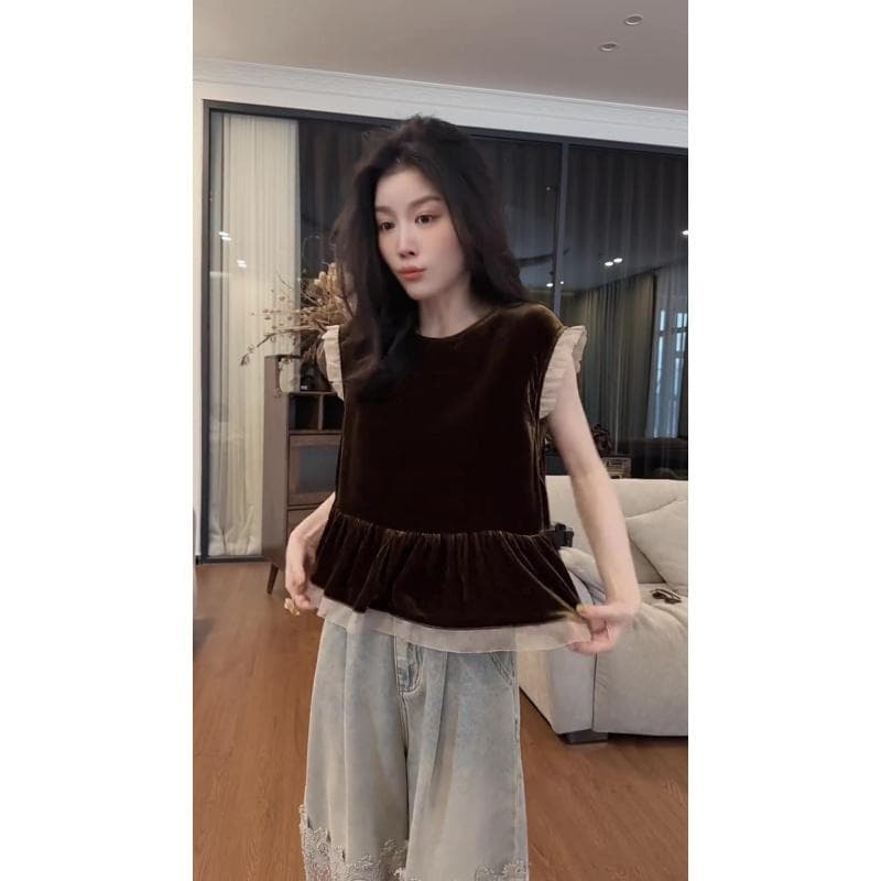 프랑스식 아름다운 코치 사소한 중요 경우 아름다운 맨위 프릴 패치워크 민소매 조끼 여성 셔츠 여름 이미지 2