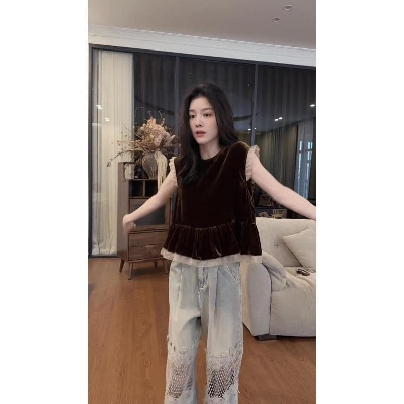 프랑스식 아름다운 코치 사소한 중요 경우 아름다운 맨위 프릴 패치워크 민소매 조끼 여성 셔츠 여름 이미지 5