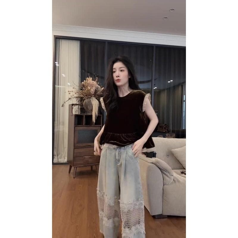 프랑스식 아름다운 코치 사소한 중요 경우 아름다운 맨위 프릴 패치워크 민소매 조끼 여성 셔츠 여름 상세 이미지 2