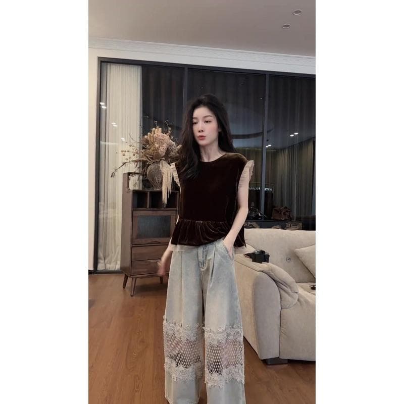 프랑스식 아름다운 코치 사소한 중요 경우 아름다운 맨위 프릴 패치워크 민소매 조끼 여성 셔츠 여름 상세 이미지 5