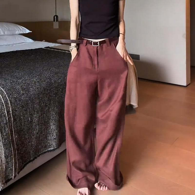 레트로 빨간색 하이웨이스트 넓은 다리 캐주얼 바지 여성 여름 얇은 스타일 디자인 센스 다용도 도루 센스 루즈핏 슬림해 보이는 스트레이트 팬츠 이미지 3