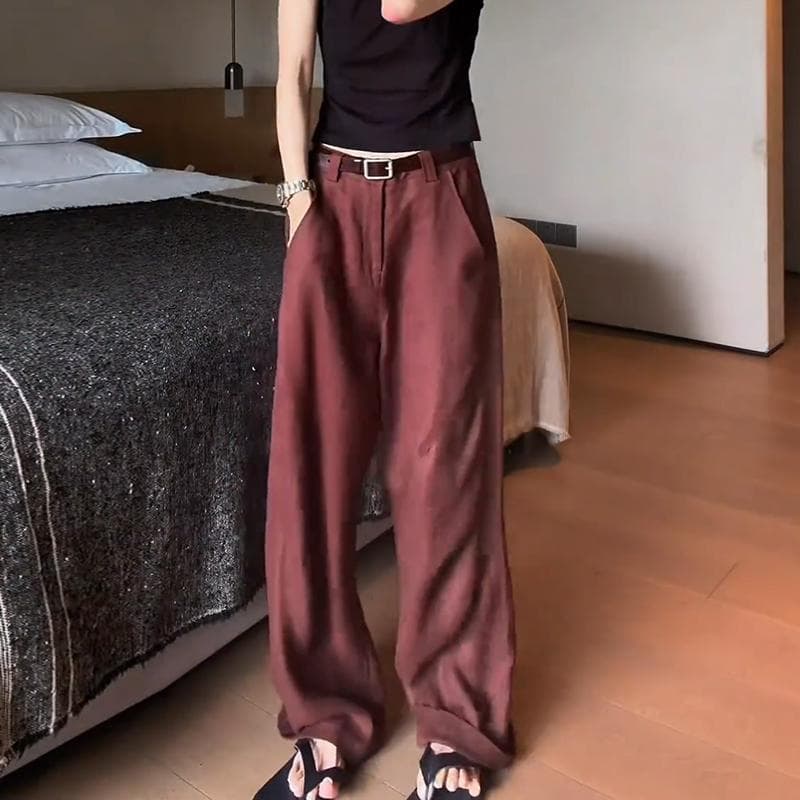 레트로 빨간색 하이웨이스트 넓은 다리 캐주얼 바지 여성 여름 얇은 스타일 디자인 센스 다용도 도루 센스 루즈핏 슬림해 보이는 스트레이트 팬츠 이미지 4