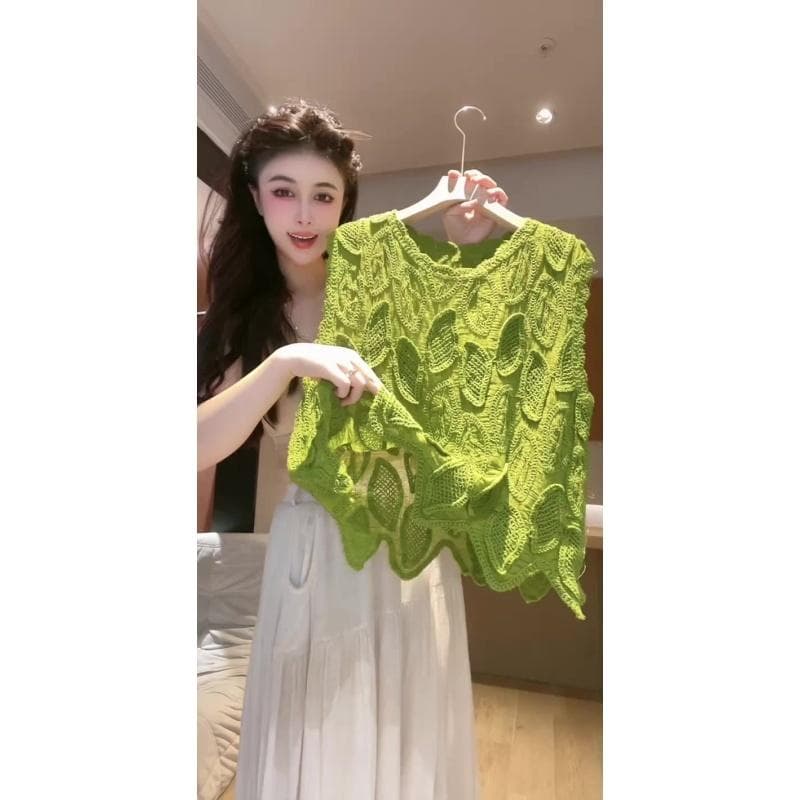 프랑스식 레이스 홀로우 아웃 슬림해 보이는 여성 빛 럭셔리 작은 대중 고급 출퇴근 센스 캐주얼 니트 맨위 2026 여름 새로운 상세 이미지 1