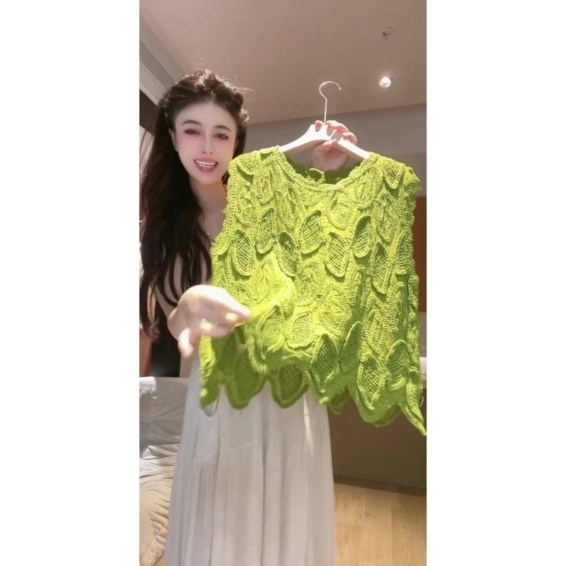 프랑스식 레이스 홀로우 아웃 슬림해 보이는 여성 빛 럭셔리 작은 대중 고급 출퇴근 센스 캐주얼 니트 맨위 2026 여름 새로운 상세 이미지 2