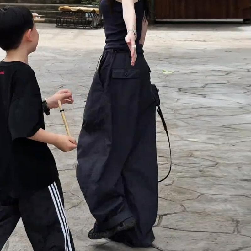 아메리칸 느긋한 바람 워크웨어 팬츠 여성 여름 얇은 스타일 등산 바지 펌프 로프 루즈핏 넓은 다리 캐주얼 스트레이트 팬츠 이미지 3