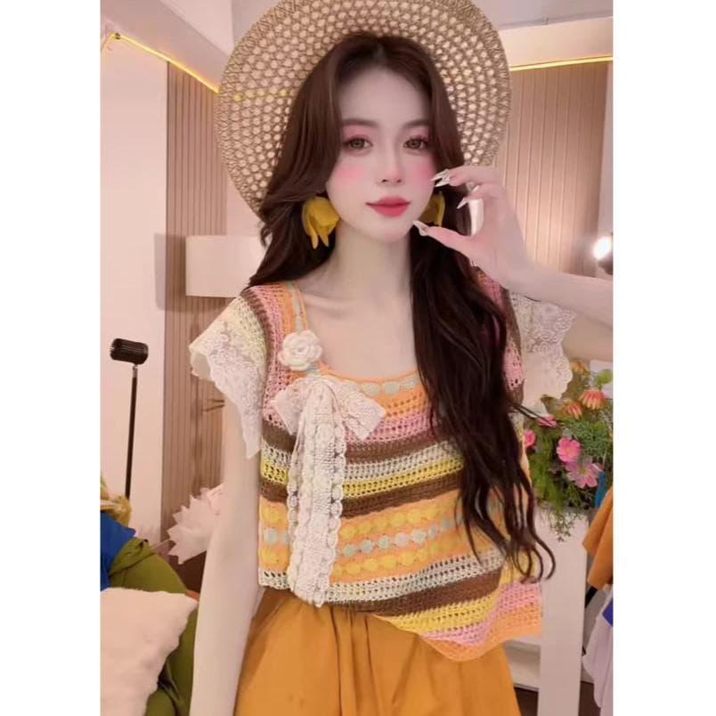 슈퍼 화재 작은 대중 아니요 명중 섹션 세트 여성 여름 보헤미안 바람 배색 자수 레이스 레이스 소매 쇼트 스타일 맨위 이미지 4